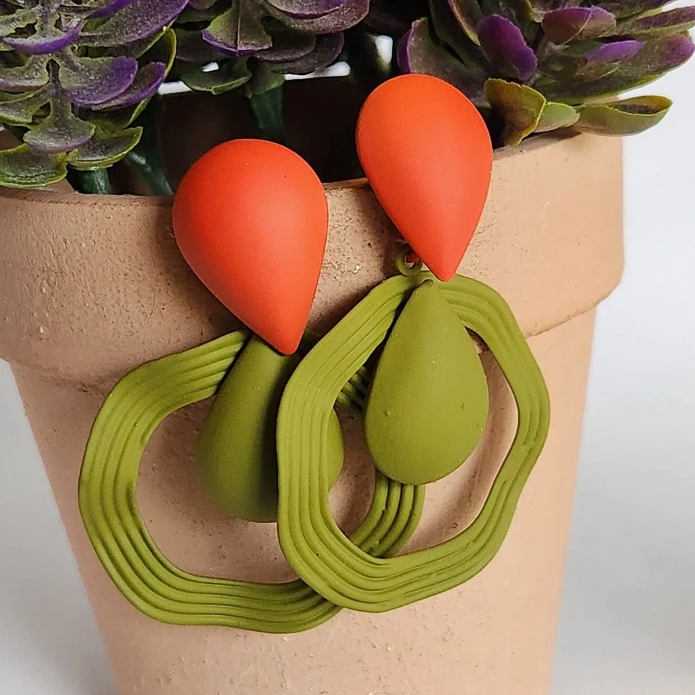 Matte Red and Olive Green Geometric Teardrop Hoop Drop Statement Earrings